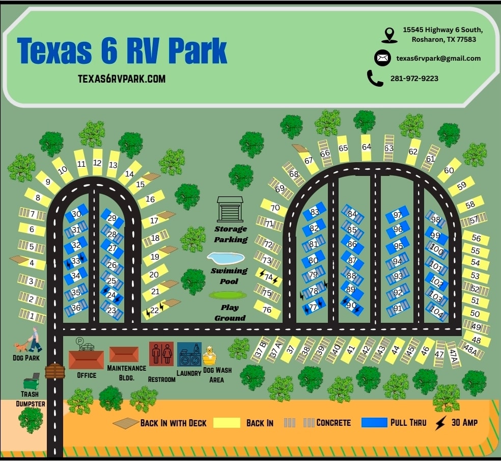 Texas 6 RV Park site map showing all 104 lots, pool, playground, dog park, laundry, and facilities